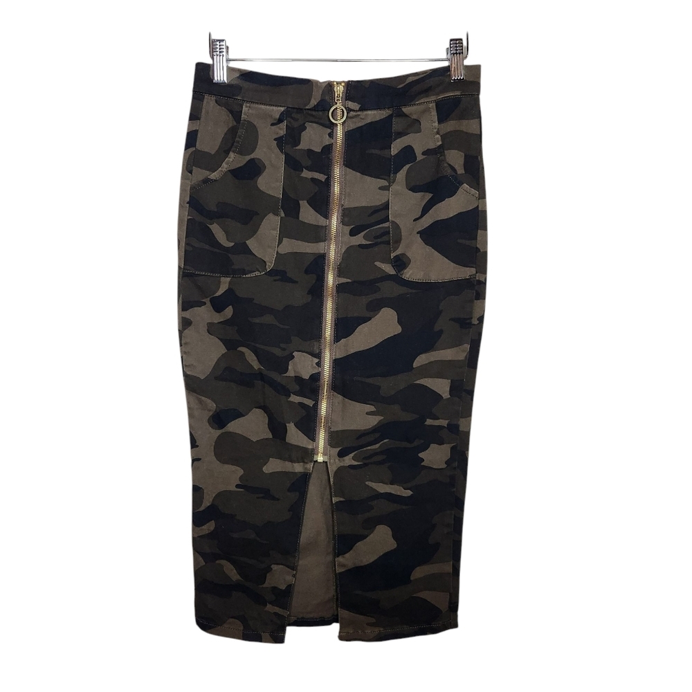 SOHO Ny&co Womens Green Camo Front Zip Pencil Midi Skirt Size 4